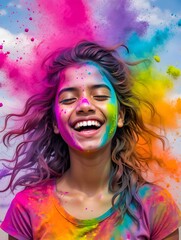 Happy Holi festival background portrait with joyful woman and rainbow color explosion hair for party poster design