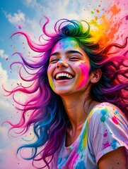 Happy Holi festival background portrait with joyful woman and rainbow color explosion hair for party poster design