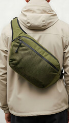Person wearing a dark green sling bag across their back over a light jacket.