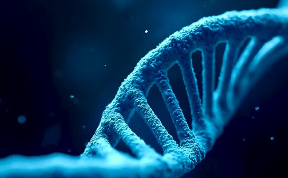 Close up  Glowing Blue DNA Double Helix Floating In Dark Space.