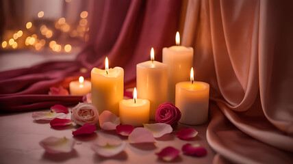 Atmospheric composition of burning candles and scattered rose petals indoors