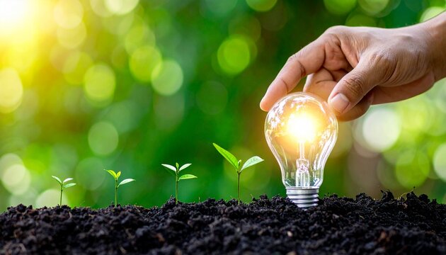 Hand holding glowing light bulb symbolizing green energy idea alongside growing seedlings in rich dark soil - Powered by Adobe