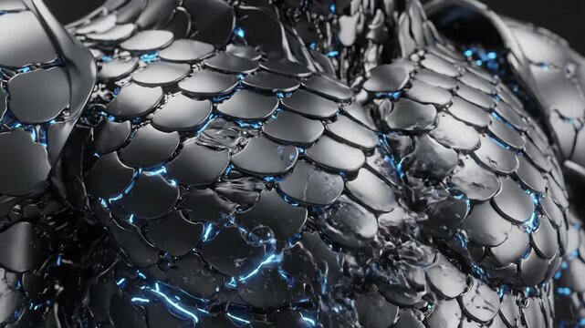 Dark metallic scales transforming into futuristic armor with blue glowing energy. Abstract fantasy creature or robot skin evolution. High-tech power concept.