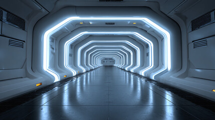 futuristic digital interior of spaceship corridor glowing blue lights abstract sci fi background modern architecture and science concept