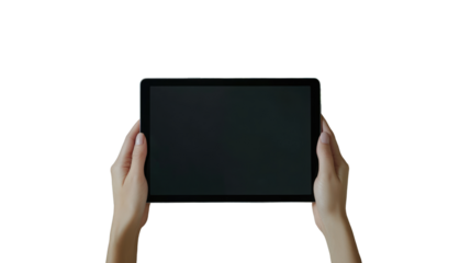 Hands holding a black tablet device centered in the frame against a plain bright backdrop alpha channel with white background