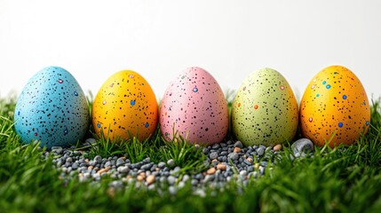 Colorful Speckled Easter Eggs Arranged on Green Grass for Spring Holiday Concept