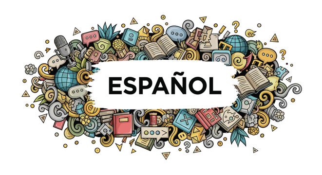 Spanish language theme is presented in a colorful doodle illustration with various traditional icons and symbols.
