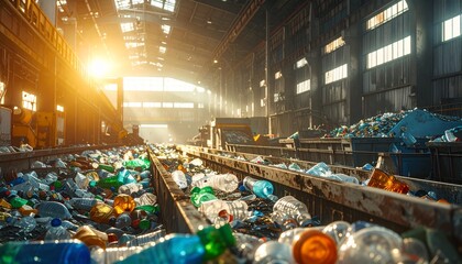 Sunlit industrial recycling plant efficiently processing large volumes of plastic waste, symbolizing global commitment to environmental sustainability and responsible waste management