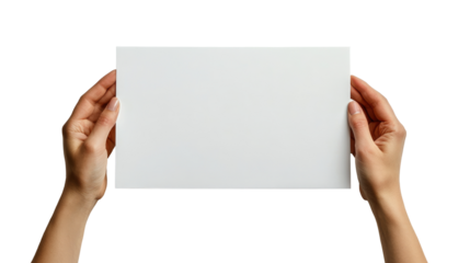 Hands holding a blank white horizontal paper sheet centered in the frame, presented forward in a studio shot pure white background cutout