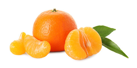 Peeled and unpeeled tangerines isolated on white