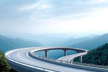 Curving mountain highway bridge over lush green valley and blue hazy mountains