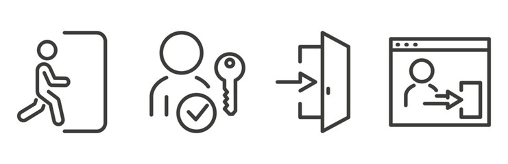 Entrance icon set, entrance successful, user key, user page, vector line art, account, open door