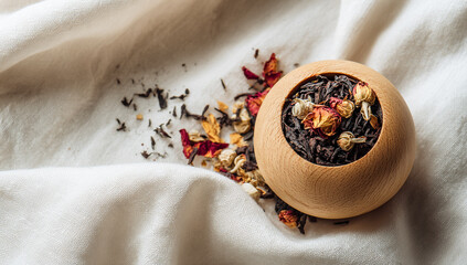 Fototapeta premium A small wooden bowl filled with loose leaf tea and dried flowers rests on a white cloth