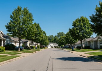 Obraz premium A quiet, tree-lined residential street features rows of similar single-family houses with green lawns and well-maintained driveways under a clear blue sky ,property ,peaceful ,quiet