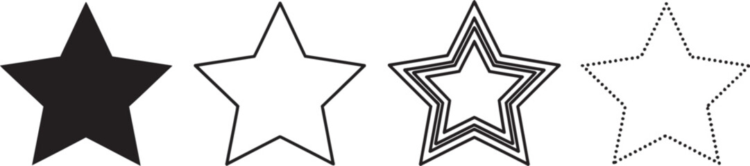 A set of four star shapes with varying line styles and fill