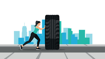 Woman exercising with tire in urban setting for fitness motivation