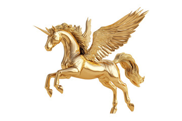 Metallic Golden Pegasus Statue Isolated on Transparent Background