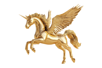 Metallic Golden Pegasus Statue Isolated on Transparent Background