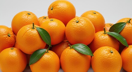 A vibrant pile of fresh, whole oranges with glossy peels and green leaves, representing healthy citrus nutrition and essential vitamin C ,segment ,slice ,antioxidant