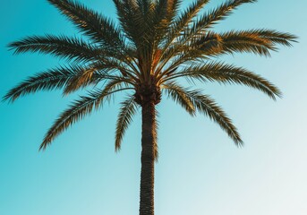 Obraz premium A vibrant tropical palm tree silhouette stands tall against a stunning bright blue sky, invoking feelings of summer vacation and warm weather ,beach ,destination ,growth