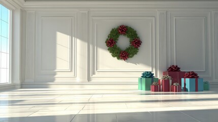 Fototapeta premium Elegant Christmas scene with gifts and a wreath in a bright, classically decorated room.