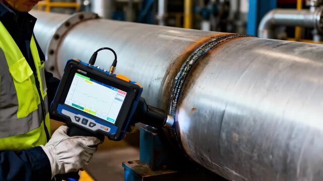 Specialist using portable ultrasonic device to scan pipeline joint areas focusing on weak spots and preventing leak risks.