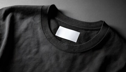A close-up shot of a black crew neck t-shirt lying flat with a white label on the neckline