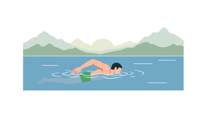 Flat design of swimmer in serene lake with mountain sunrise background