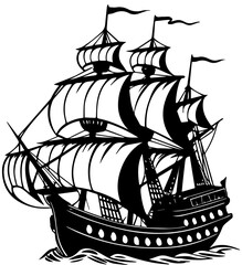 Vintage Style Galleon Sailing Ship Illustration, Nautical Maritime and History Concept © Rezowan 