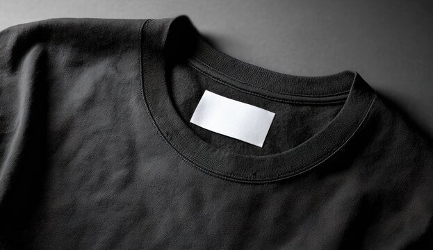 A close-up shot of a black crew neck t-shirt lying flat with a white label on the neckline