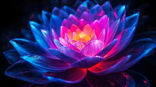 A luminous abstract flower with layered translucent petals glowing in vibrant neon colors, including electric blue, magenta, violet, cyan, and fiery orange,perfect for oled display with vibrant colors