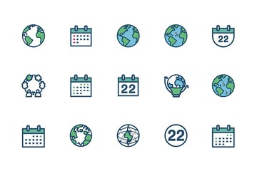 A collection of calendar and globe icons on a white background