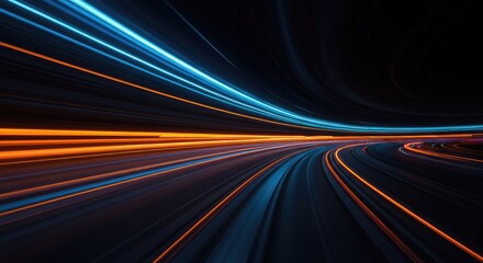 Abstract blue and orange light streaks moving quickly across a dark space, representing high speed, acceleration, and powerful forward momentum ,rapid ,force ,acceleration