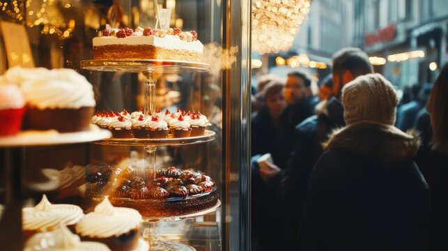 Bakery Shop Window Display with Cakes and Cupcakes and Crowd Outside