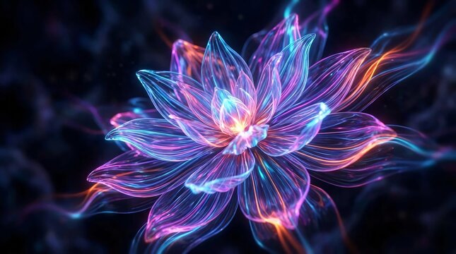 A luminous abstract flower with layered translucent petals glowing in vibrant neon colors, including electric blue, magenta, violet, cyan, and fiery orange,perfect for oled display with vibrant colors