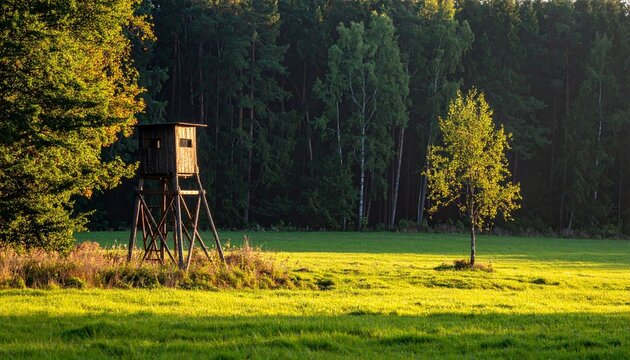 Elevated wooden hunting blind on stilts at forest edge overlooking grassy clearing with single tall tree - Powered by Adobe
