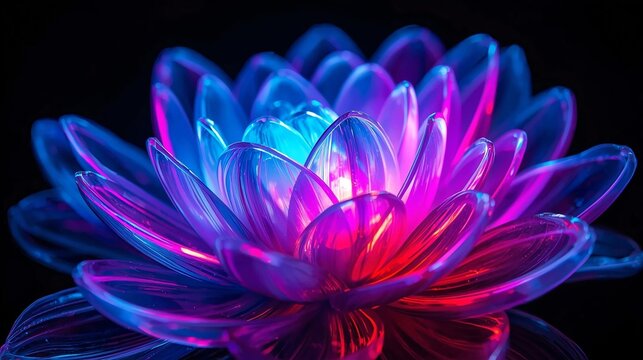A luminous abstract flower with layered translucent petals glowing in vibrant neon colors, including electric blue, magenta, violet, cyan, and fiery orange,perfect for oled display with vibrant colors
