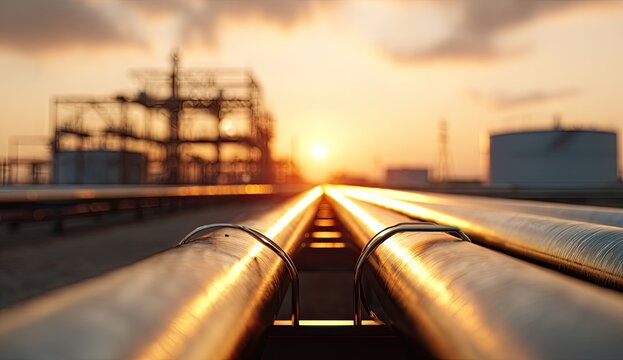 Two metal pipes lead toward an industrial structure, illuminated by the sunset's golden light