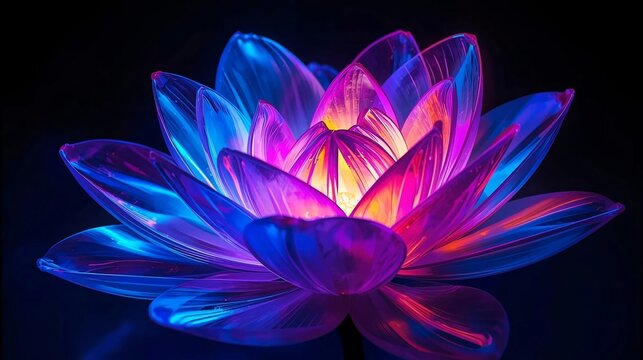 A luminous abstract flower with layered translucent petals glowing in vibrant neon colors, including electric blue, magenta, violet, cyan, and fiery orange,perfect for oled display with vibrant colors
