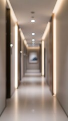 Modern minimalist hotel corridor with soft lighting and white walls