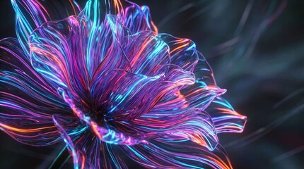A luminous abstract flower with layered translucent petals glowing in vibrant neon colors, including electric blue, magenta, violet, cyan, and fiery orange,perfect for oled display with vibrant colors