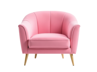 A pink chair with wooden legs sits on a clean white background, perfect for minimalist decor or still life photography