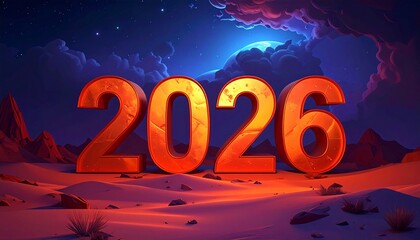 3D Golden Numbers 2026 In a Surreal Desert Landscape Under a Starry Night Sky year
