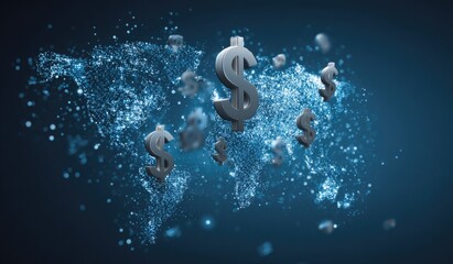 Money symbols float above a sparkling, dotted map of the world against a dark blue background