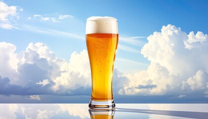 Tall clear glass of golden beer with thick foam and rising bubbles against softly blurred cloudy sky
