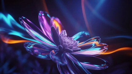 A luminous abstract flower with layered translucent petals glowing in vibrant neon colors, including electric blue, magenta, violet, cyan, and fiery orange,perfect for oled display with vibrant colors
