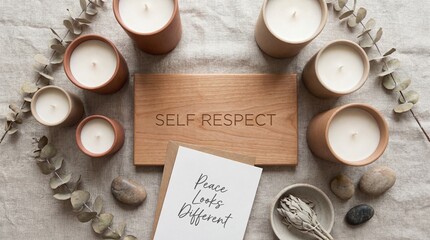 Flatlay of Self Respect message with candles for fat women