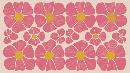 Pink flowers with yellow centers arranged in a decorative pattern on a light beige background, retro floral illustration