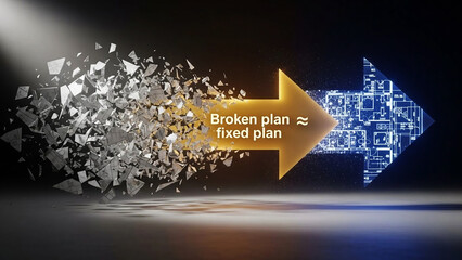 Broken plan | fixed plan Arrow transforming from shattered documents to blueprint plan