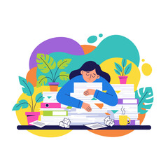 Fototapeta premium Overwhelmed worker collapses on a huge stack of paperwork symbolizing stress and professional burnout